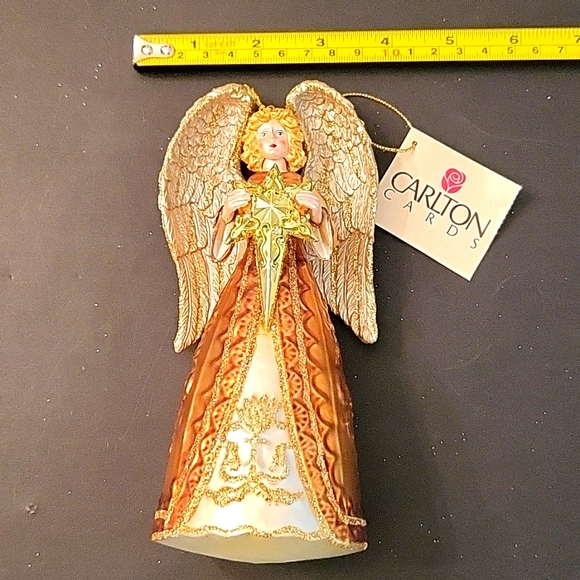 NEW Angel with Star Ornament, Gold & Cream Painted Glass, Glitter - Picture 9 of 14